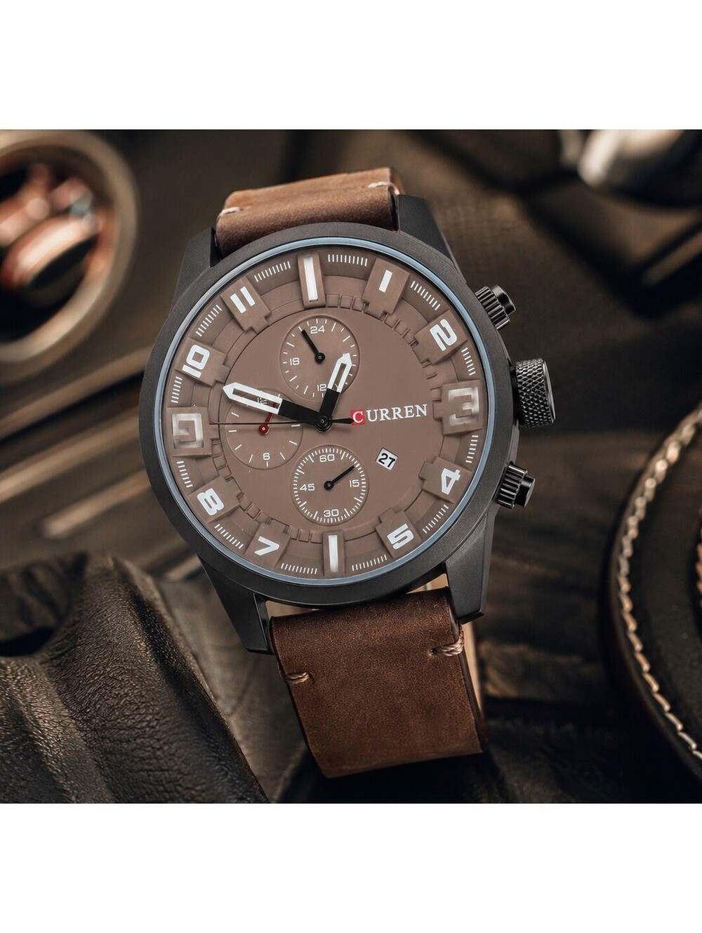 CURREN M:8225 Brown Men Quartz Watch Fashion Faux Leather Male Need Battery New